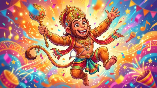 Joyful Monkey Deity Celebrates with Festive Decorations and Confetti Explosion Aromatic Celebration of Good Fortune and Triumph