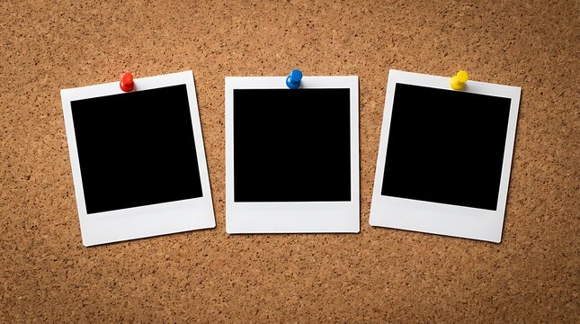 Three blank instant photo frames pinned to cork board texture close up high angle view empty copy space for messages or pictures neutral background.