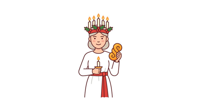 Saint Lucy's Day Celebration: Woman with Candle Crown and Lussekatter Bun