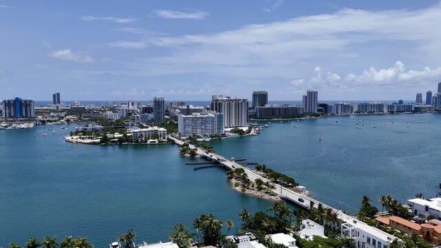 Aerial view of Miami skyline and waterfront islands over turquoise Biscayne Bay in sunny Florida, USA. g.