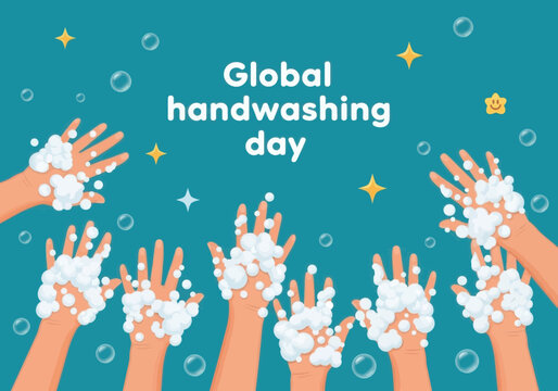 Global handwashing day poster with soapy hands