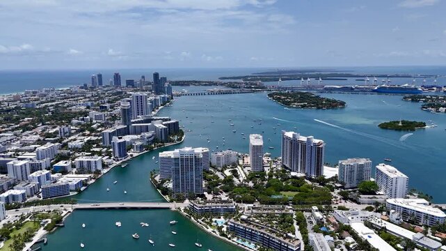 Aerial view of Miami skyline and waterfront islands over turquoise Biscayne Bay in sunny Florida, USA. g.