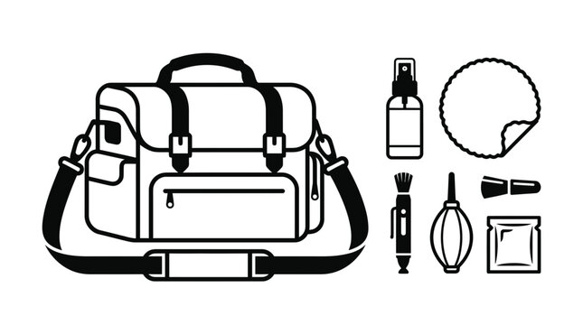 Camera Bag and Cleaning Kit Icons - Photography Gear Illustration