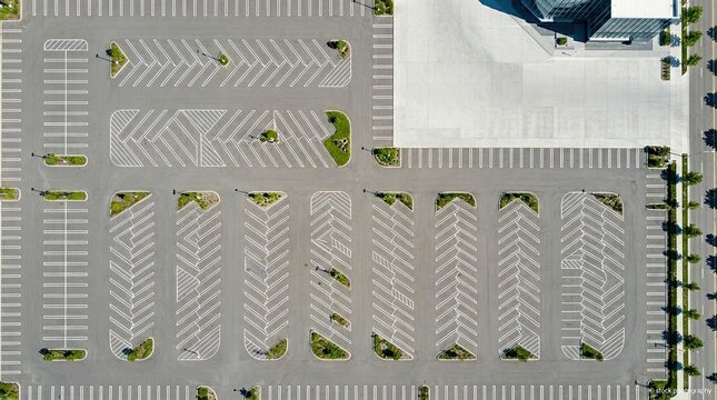 An aerial photograph shows a large parking lot with clearly marked parking spaces. The parking lot is paved with gray asphalt and features white directional arrows painted on the pavement.