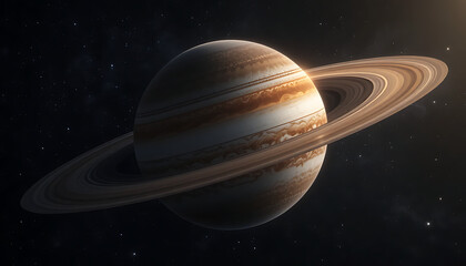 Naklejka premium Planet Saturn with wide ring system composed of ice and rock particles surrounding sphere with swirling brown beige and white atmospheric bands illuminated against dark starry space