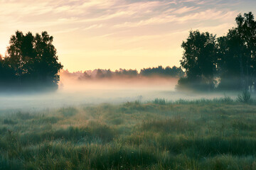 Fototapeta premium morning mist over the rural fields as the sun rises. summer (spring) nature backdrop