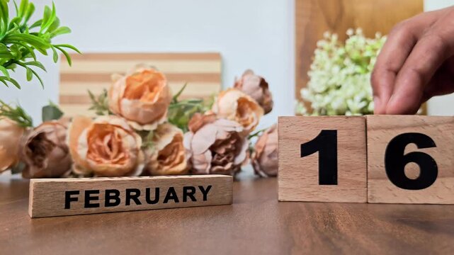 Hand placing wooden calendar blocks showing february 16 on a wooden table