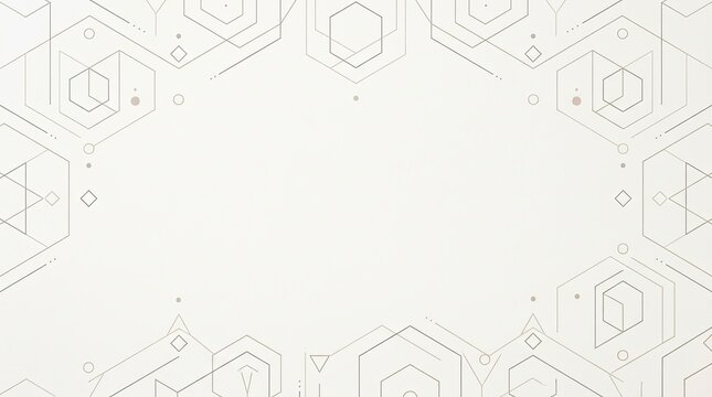 A beige background features a geometric pattern of interconnected lines and hexagons. The pattern is composed of white lines and small diamond shapes, creating a complex and stylized design.