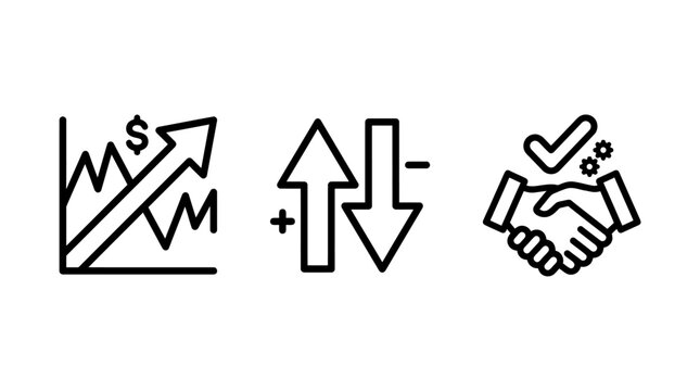 Financial growth and business partnership icon set with partnership handshake business agreement marketing increase decrease commerce contract collaboration cooperation management teamwork
