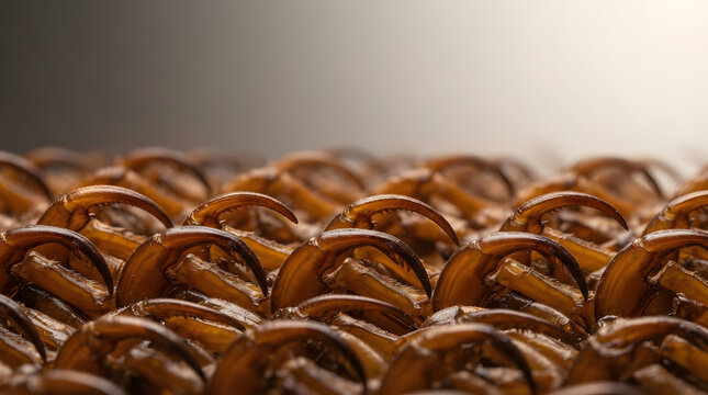 Macro shot of repeating rows of amber cicada nymph fossorial digging claws featuring chitinous texture and honey brown tones.