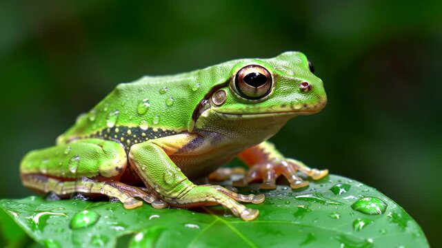 Vivid close-up of a green frog on a leaf with water droplets