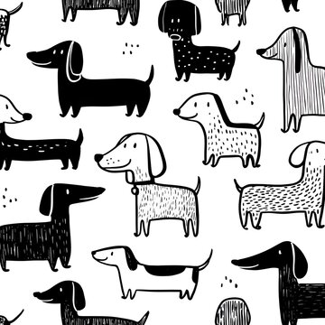 Seamless pattern with cute hand-drawn black and white dachshund dogs illustration, whimsical cartoon pets background for textile, fabric, or wrapping paper design