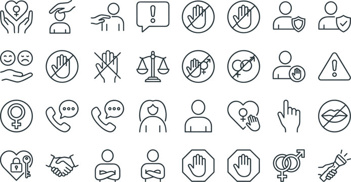 Human rights and gender equality outline icon set including justice scales stop abuse woman protection and discrimination vector line illustration elements