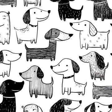 Seamless pattern of cute hand-drawn cartoon dogs in black and white