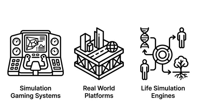 Simulation gaming and life engine icons with simulation platforms technology interface development software dashboard environment evolution research graphics creative industrial abstract