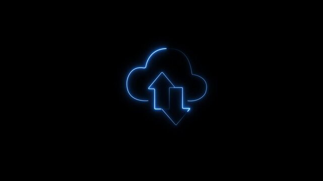 Neon cloud data sync animation: digital upload and download transfer concept