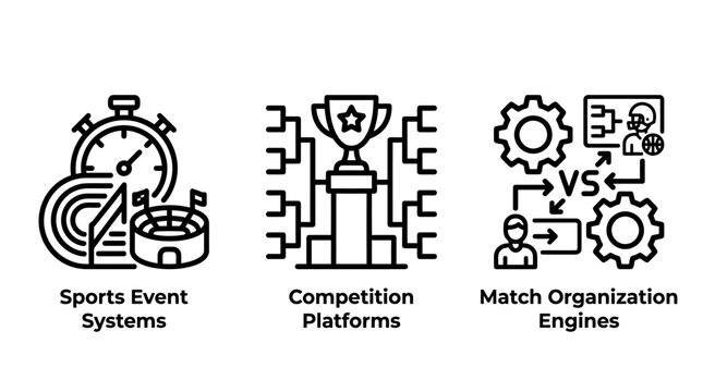 Sports competition organization and match management icons with competition tournament organization platform stopwatch management planning strategy professional athletic software logistics