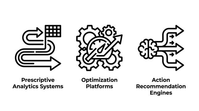 Proscriptive analytics optimization platforms and action recommendation engine line icons with proscriptive analytics optimization platform recommendation business strategy management decision