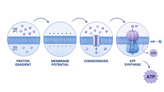 Proton gradient membrane potential chemiosmosis ATP synthase diagram showing cellular energy process with labeled circle nodes connected by curved arrows in blue purple tones
