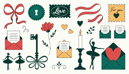 Valentine day greeting card elements set featuring ribbons envelopes keys ballet dancers. © Sorna Moni