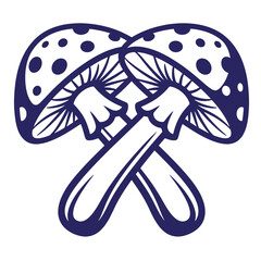 Naklejka premium Two crossed spotted mushrooms with gills and stalks, dark blue outline on at-shirt poster white background, of fungi for nature, forest, botany, or woodland themed