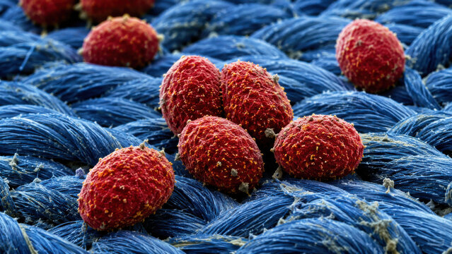 Colorful scanning electron microscopy image of red rounded fecal pellet on blue woven textile fiber, false color microscopy detail