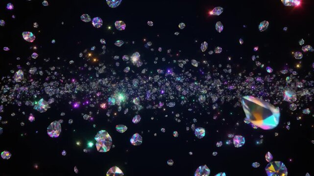 Transparent crystal particles float through deep black background with aurora-inspired iridescent reflections, volumetric lighting and cinematic depth, creating premium futuristic luxury aesthetic.