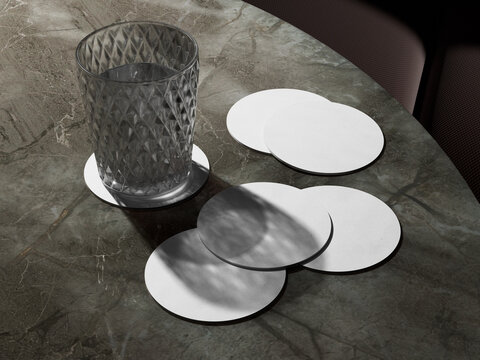 Blank coasters mockup and textured glass on marble surface