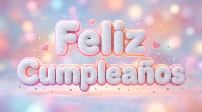 Soft Dreamy Pink Pastel Feliz Cumpleanos Typography Graphic On Blurred Bokeh Background