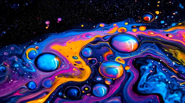 Iridescent soapfilm bubble scene with colorful orbs and glossy reflections, prismlike sheen and tiny droplets, surreal cosmic texture perfect for futuristic and experimental visuals.