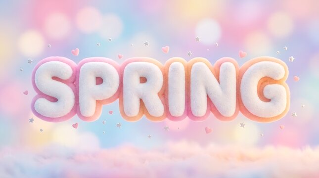 Cute 3D spring text typography design with pastel colors on bokeh background