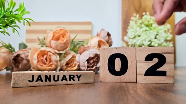 Hand placing wooden calendar blocks showing january 2 on a wooden table