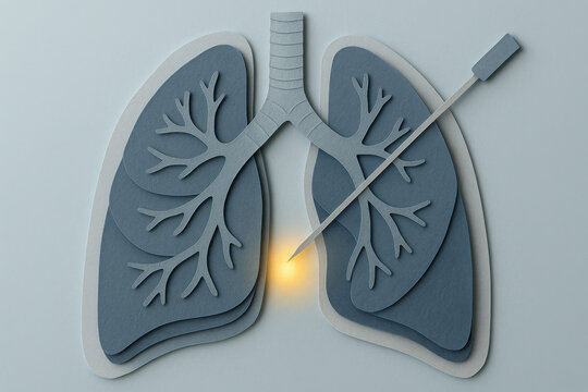 Layered lung illustration with thin biopsy needle inserted through chest wall into lung nodule glowing yellow at tip showing CT guided biopsy procedure