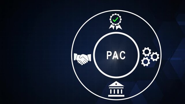 Pac business strategy concept with animated of handshake, gears, and assurance for corporate growth and development presentation