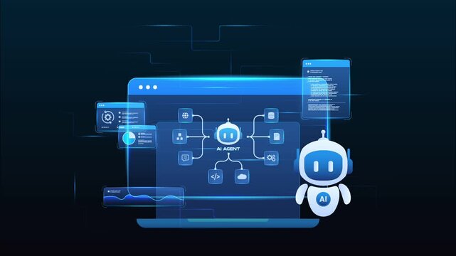Futuristic AI workflow automation dashboard with ai agent assistant, coding panels and data analytics dashboard, looped animation