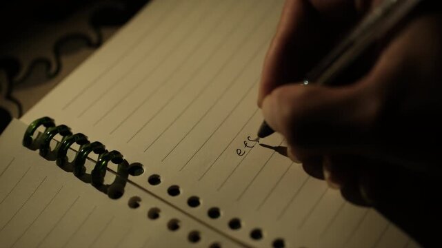 Macro shot of person writing effort in a diary with warm cinematic lighting