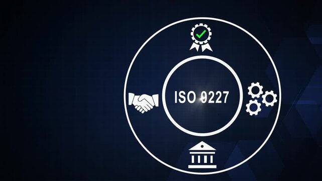 Iso 0227 standard certification concept with animated business handshake, and gear symbols for corporate compliance and industrial control