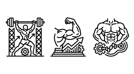 Fototapeta premium Set of heavy weightlifting and muscle building icons with weightlifting bodybuilding strength training exercise physique performance development improvement powerlifting physical wellness