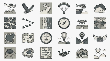Obraz premium Creative Monochromatic Flat Set of 20 Unique Aviation Weather Navigation and Adventure Icons with high quality professional line art symbols for modern creative design and digital branding projects