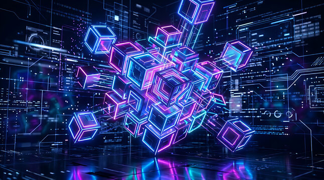 Digital data cubes floating in a futuristic cyberspace virtual network
