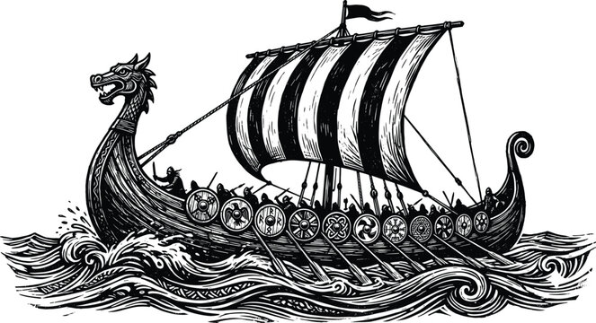 Illustration of a traditional Viking longship with a dragon head prow sailing on ocean waves