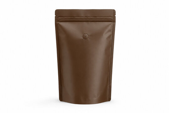 Brown Matte Stand Up Coffee Pouch Mockup Front View with One Way Degassing Valve Isolated on White Background