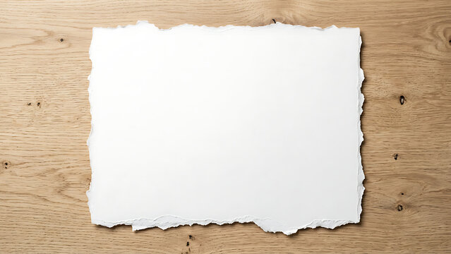 Blank white deckle edge paper on wooden background