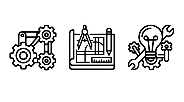 Technical drawing and mechanical engineering icons featuring complex gear systems architectural blueprints creative problem solving engineering technical mechanical blueprint architecture