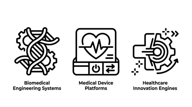 Biomedical engineering and healthcare innovation icons with biomedical engineering healthcare innovation technology platform advanced research clinical hospital equipment analysis solution