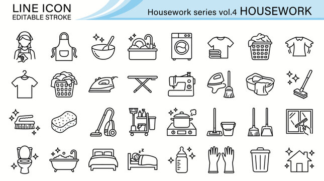 Line Icons: Comprehensive set of common housework tasks including cleaning, laundry, cooking, ironing, vacuuming, and dishwashing in editable stroke