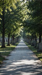 Obraz premium Quiet Cemetery Path with Trees and Headstones