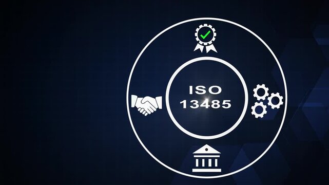 Iso 13485 medical device management standard certification concept with animated and compliance symbols on dark background