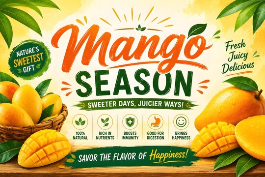 Fresh mango season promotional banner with juicy tropical fruits and health benefits
