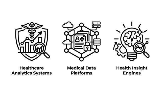 Healthcare analytics and medical data management system icons with healthcare analytics platform medicine business technology research management information analysis innovation caduceus